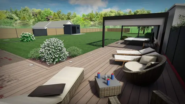 3D-Visualisierung der Pergola, der Liegestühle und des Ruhebereichs im Garten