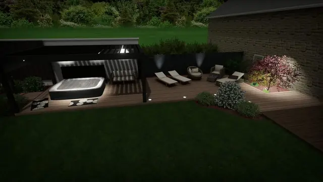 3D-Visualisierung des Whirlpools unter der Pergola bei Nacht