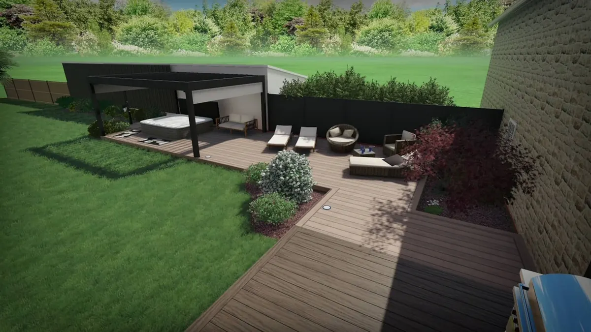 Rendu 3D du jardin, de la pergola et du spa