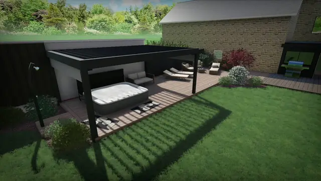 3D-Visualisierung des Whirlpools für acht Personen unter der Pergola