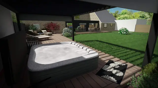 3D-Visualisierung in Nahansicht: der Whirlpool unter der Pergola